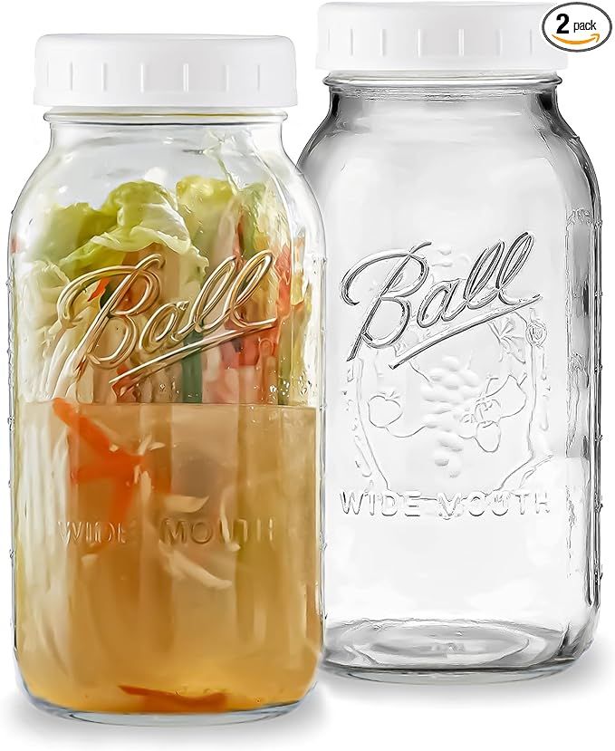 Wide Mouth Mason Jars 64 oz - (2 Pack) - Ball Wide Mouth 64-Ounces Half Gallon Mason Jars with Wh... | Amazon (US)