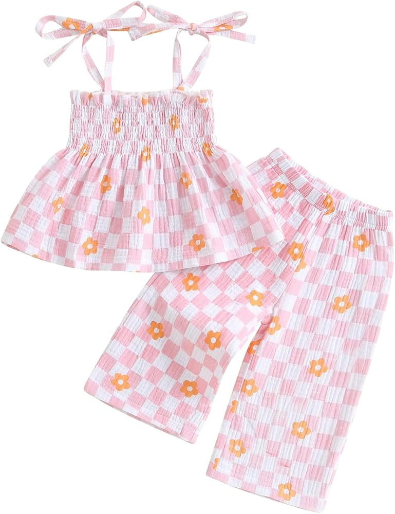 VISGOGO Valentines Day Baby Girl Outfits Sleeveless Smocked Strap Camisole Linen Pants Heart/Bow ... | Amazon (US)