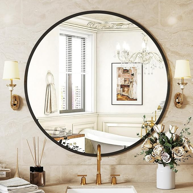 Sweetcrispy Black Round Wall Mirror 24 Inch, Bathroom Mirrors for Over Sink, Circle Mirror for Ba... | Amazon (US)