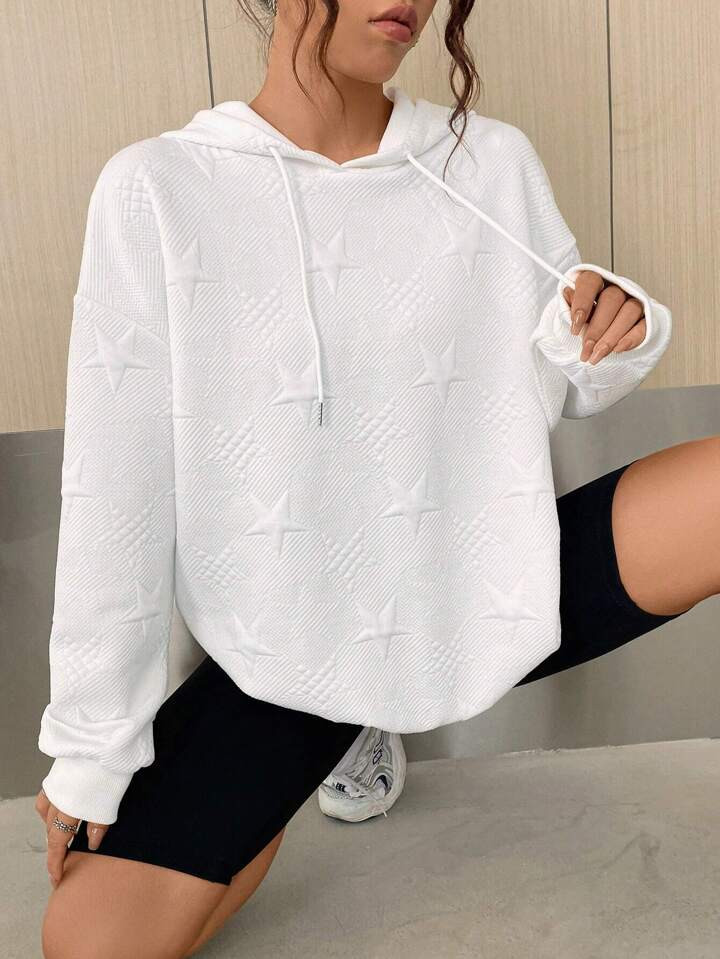 SHEIN EZwear Star Embossed Drop Shoulder Drawstring Hoodie | SHEIN
