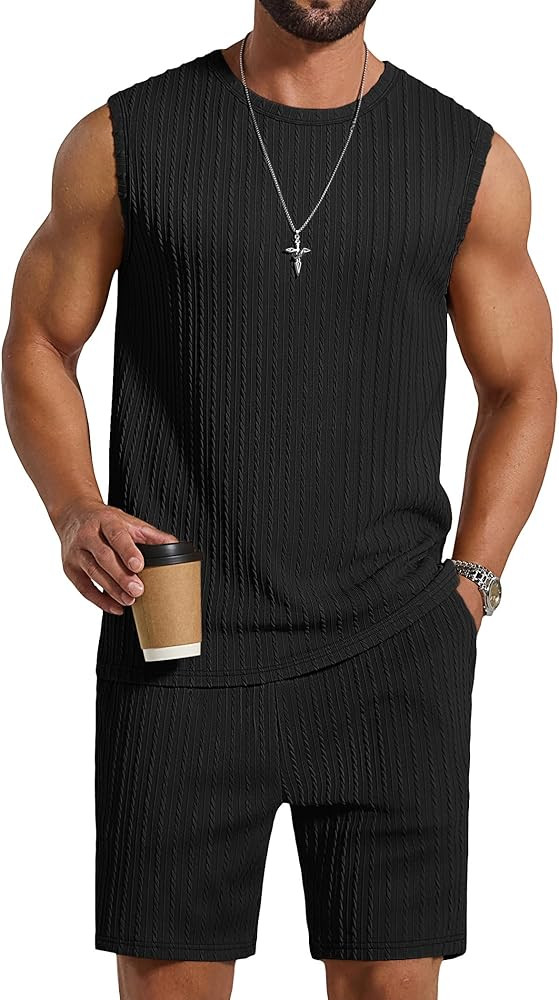 COOFANDY Men's 2 Piece Outfits Beach Knit Jacquard Sleeveless Shirt and Shorts Sets Summer Athlet... | Amazon (US)
