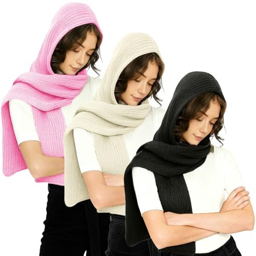 Chicingyou 3 Pcs Winter Knitted Hooded Scarf for Women Long Scarf Hat Warm Shawl Wrap Head Scarves for Cold Weather Outdoor (Solid Color) | Amazon (US)