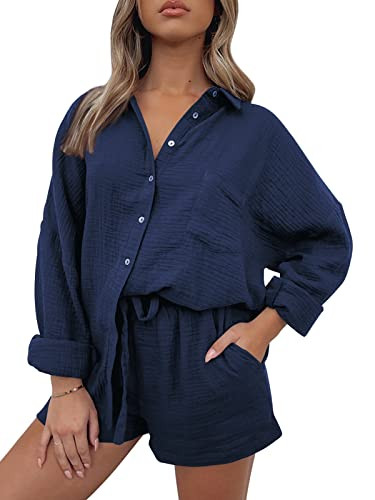 AUTOMET 2 Piece Sets For Women Lounge Wear Matching Two Piece Pajama Fashion Oversized Shirts And Shorts Spring Outfit 2026 01NavyBlue XS | Amazon (US)