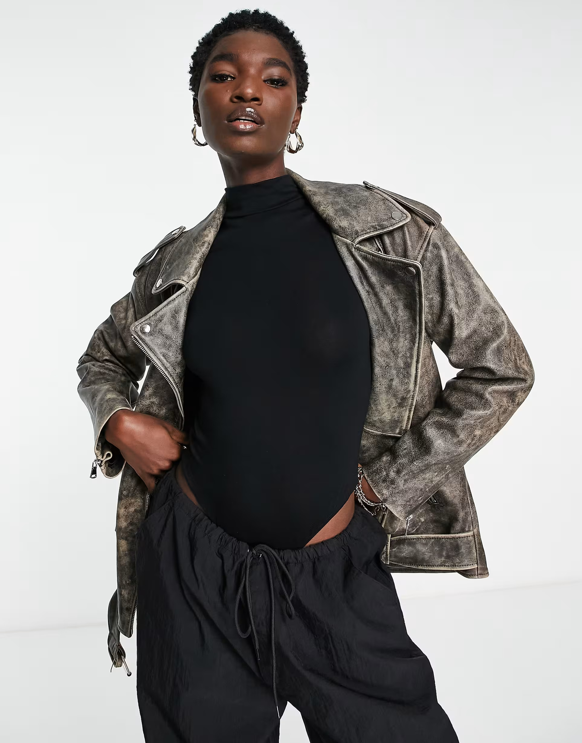 ASOS DESIGN washed premium real leather moto jacket in gray | ASOS (Global)