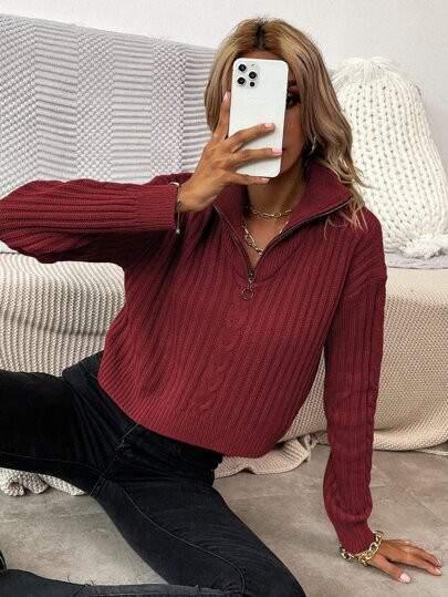 Drop Shoulder O-ring Quarter Zip Sweater | SHEIN