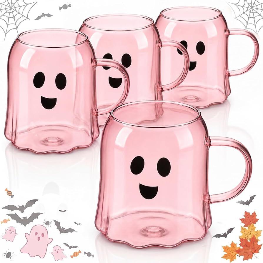 Didaey 4 Pcs Halloween Ghost Coffee Mug Pink Glass Cup with Handle Heat Resistant Coffee Tea Milk... | Amazon (US)