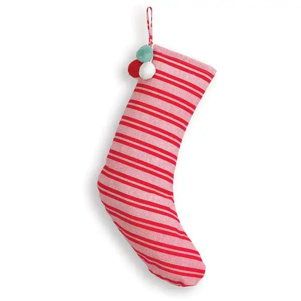 Red Striped Christmas Stocking with Pom Poms - 12''W x 20''H - Overstock - 34070502 | Bed Bath & Beyond