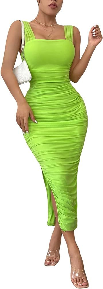 GORGLITTER Women's Ruched Mesh Bodycon Maxi Dress Split Sleeveless Long Pencil Dresses | Amazon (US)