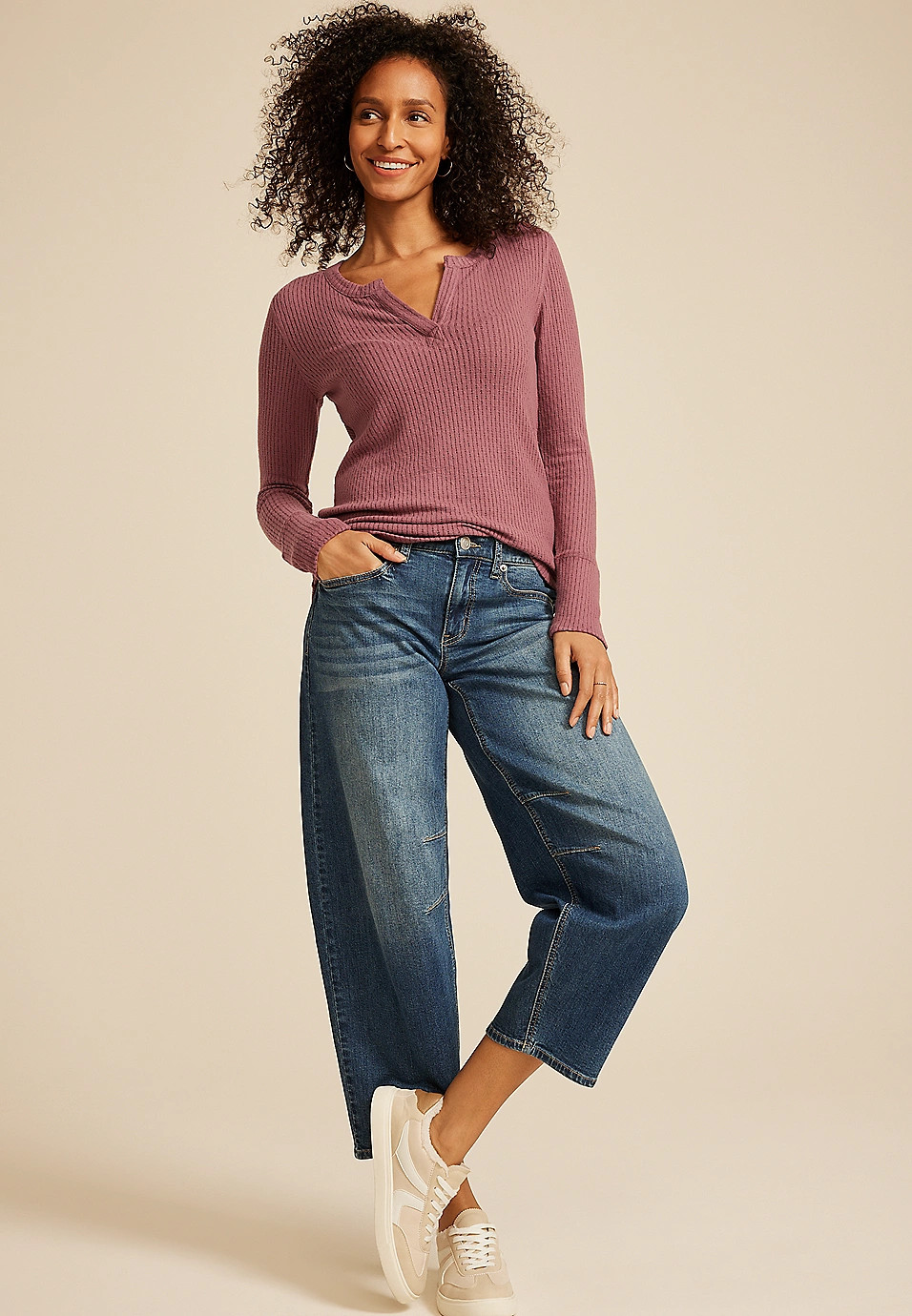 Pointelle Notch Neck Ribbed Long Sleeve Tee | Maurices