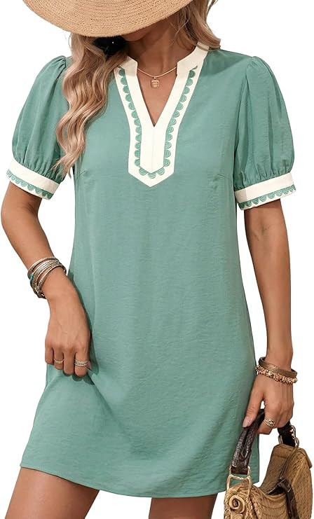 Dokotoo Summer Dresses for Women 2026 Boho Floral Puff Short Sleeve V Neck Trim Casual Mini Dress... | Amazon (US)