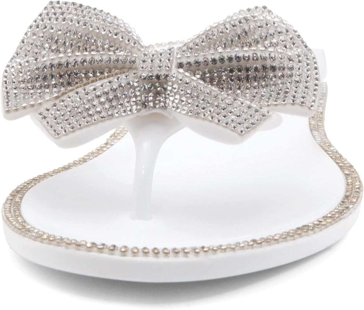Shoe Land SUMMER Women Rhinestone Bowtie Flip Flops Jelly Thong Sandals Rubber Flat Beach Rain Shoes | Amazon (US)