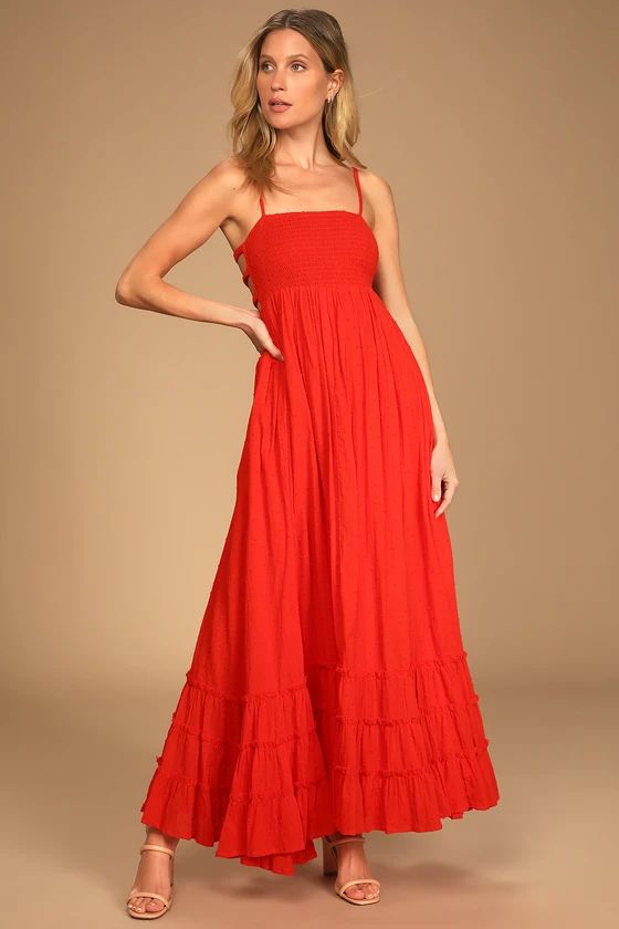 Serene Sunshine Red Swiss Dot Smocked Cutout Tiered Maxi Dress | Lulus (US)