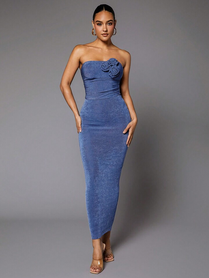 SHEIN BAE Solid 3d Rose Tube Top & Bodycon Skirt | SHEIN