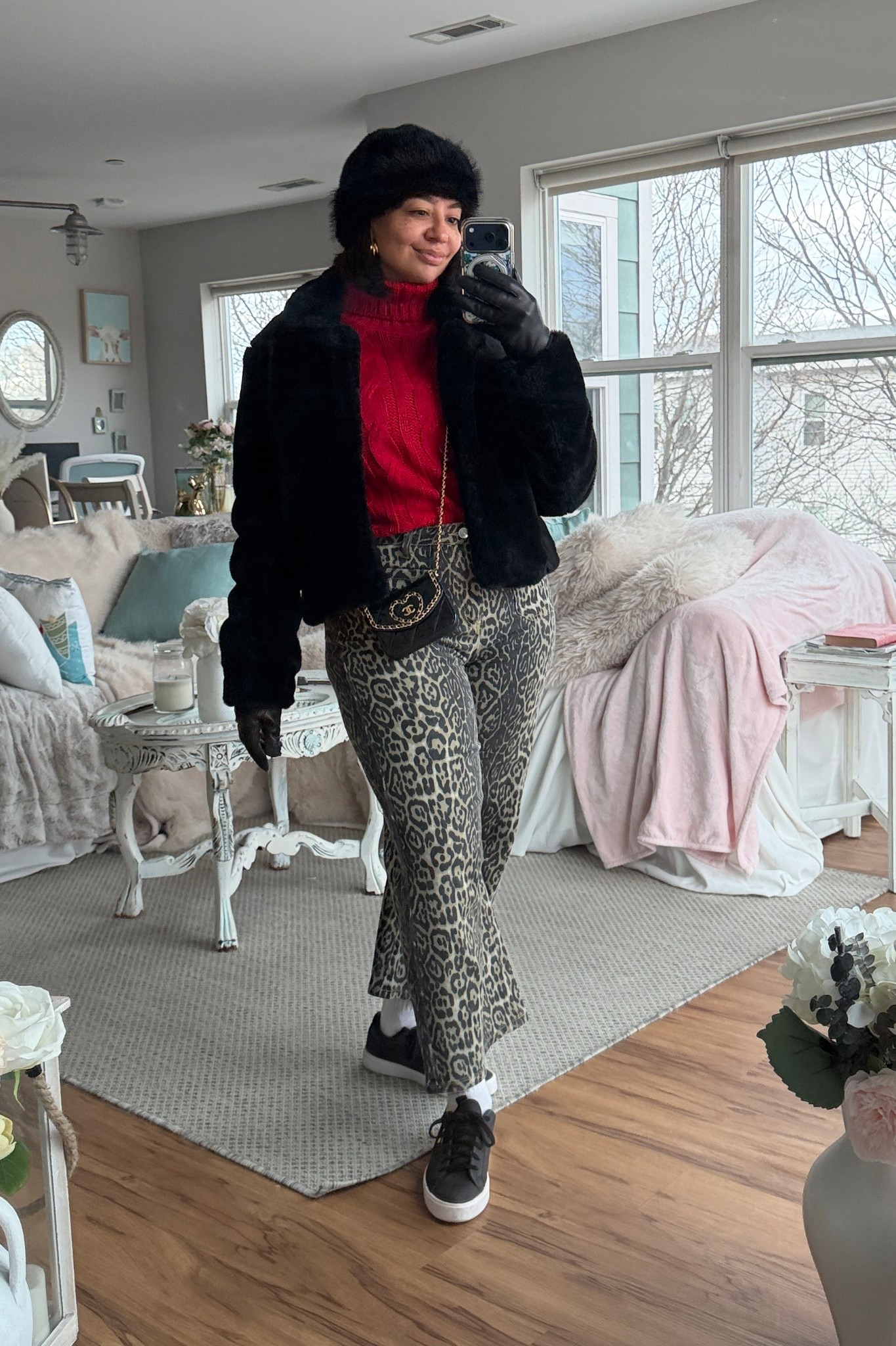 Casual winter ootd ❣️ Wore these cropped wide leg leopard jeans, chunky sweater, sneakers and faux fur jacket for shopping and dinner with my mom! 🫶🏽

#LTKOver40 #LTKPetite #LTKootd