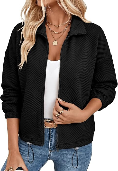 SHEWIN Jackets for Women Collar Zip Up Texture Winter Jacket With Pockets Fall Outfits for Women ... | Amazon (US)