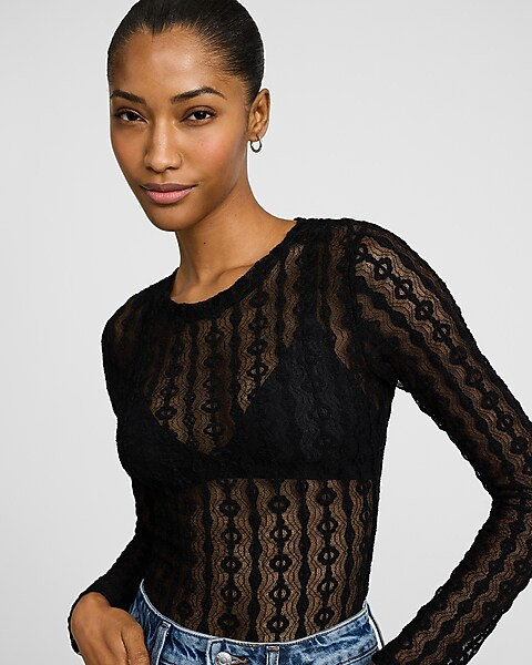Lace Crew Neck Long Sleeve Bodysuit | Express