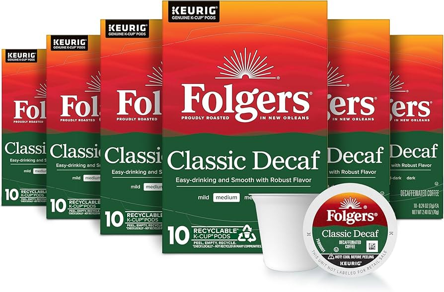 Folgers Classic Decaf Coffee Keurig K-Cup pods, Medium Roast, 10 Count Box (Pack of 6) | Amazon (US)