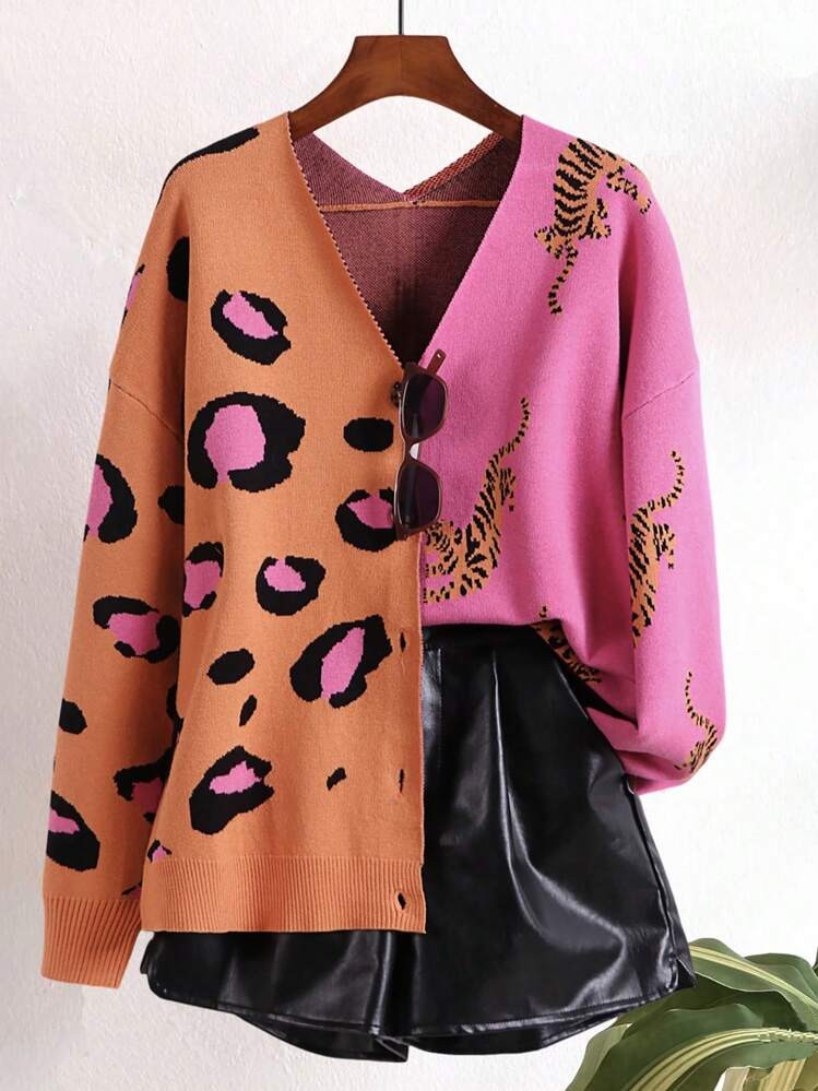 Glissea Women's Oversized V-Neck Color Block Leopard & Tiger Print Knit Cardigan,Long Sleeve Tops | SHEIN