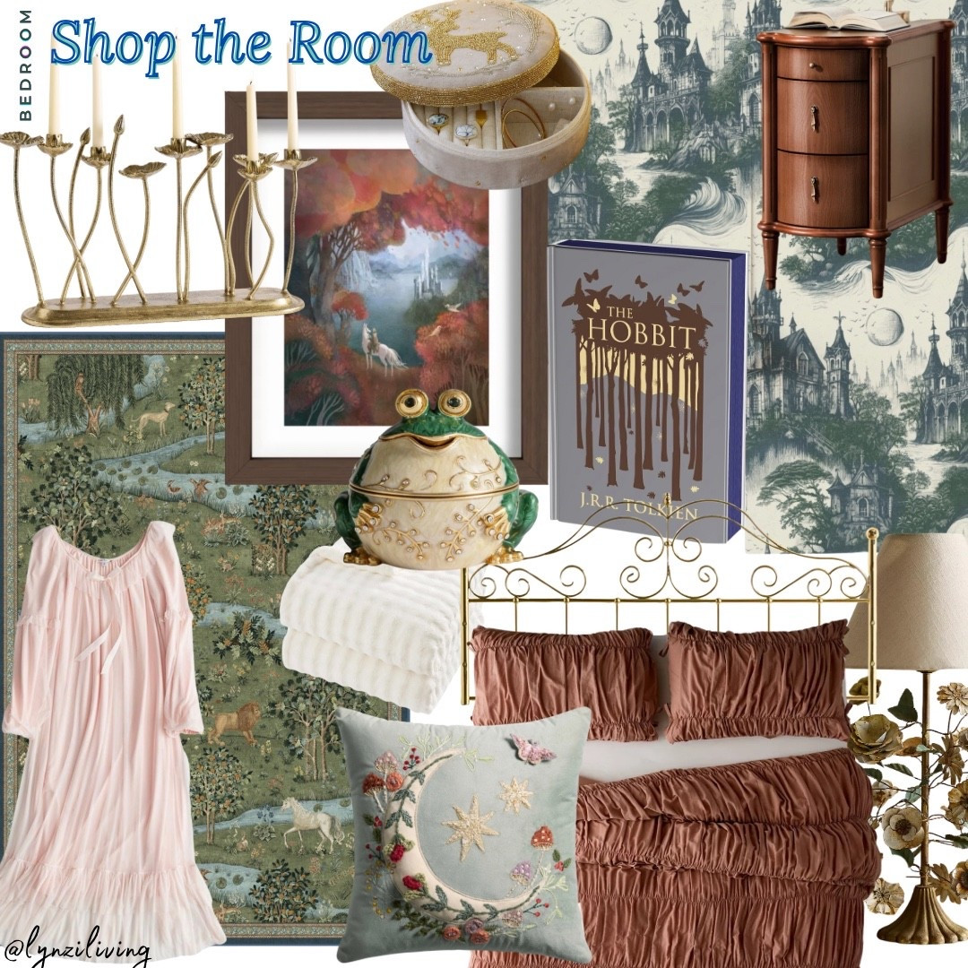 Adult Fairytale Bedroom 

Romantic bedroom decor, fairytale bedroom decor, poppy candle holder, taper candle holder, brass candle holder, fairytale area rug, renaissance area rug, pastoral area rug, pink nightgown, vintage nightgown, celestial pillow, moon pillow, spring throw pillow, soft white blanket, soft throw blanket, frog trinket box, frog jewelry box, fairytale wall art, castle wall art, castle wallpaper, fairytale wallpaper, Petronus jewelry box, Harry Potter jewelry box, brown bedding, brown comforter, brass headboard, gold headboard, floral table lamp, metal table lamp, dark wood nightstand, fancy nightstand, fancy bedroom decor, hardcover hobbit, hobbit book

#LTKKids #LTKHome #LTKSeasonal