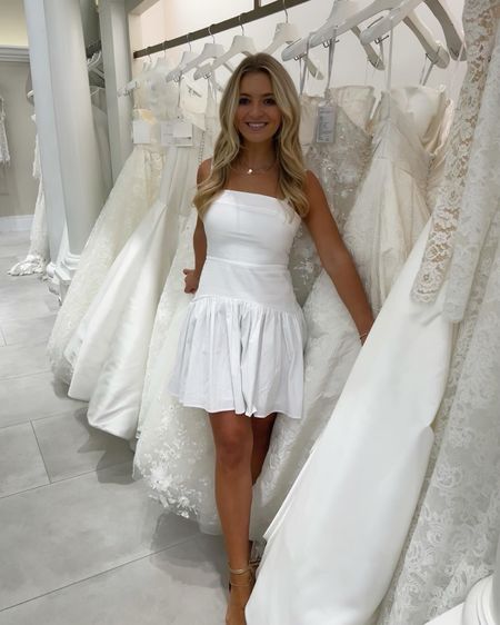 Wedding dress shopping outfit 🤍🤍🥂🥂👰🏼‍♀️👰🏼‍♀️ such a cute bridal dress. Wearing size XS — could have done XXS, def runs a little big 

#LTKwedding #LTKparties #LTKfindsunder100