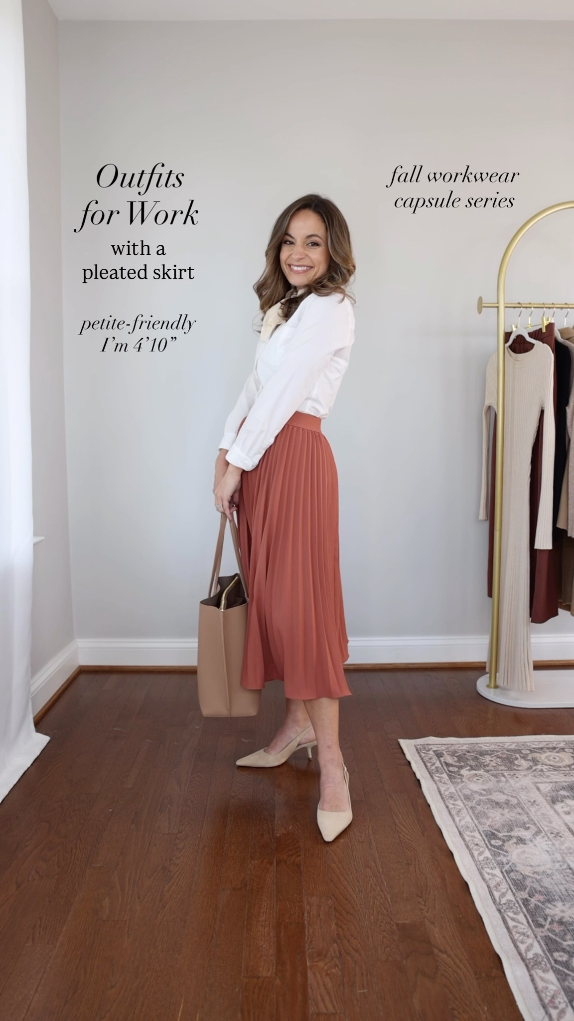 The 2025 fall workwear capsule series: pleated skirt five ways! 

Black top (Quince): xs 
V neck sweater (Quince): xs in oatmeal 
Short sleeve sweater (Quince): xs in rich burgundy 
Button down top (J.Crew Factory): petite xxs 
White long sleeve top (Quince): xs 
Duster cardigan (Amazon): xs in apricort 
Plaid blazer (BR Factory): petite 00 
Tan blazer (J.Crew): petite 00 in burnished saddle 
Pleated skirt (Amazon): small in brown 

*beige heels links are a slightly different color.

My measurements for reference: I’m 4’10” and 105lbs. My bust, waist, and hip measurement is 32”, 24”, and 36”.

#LTKSeasonal #LTKPetite #LTKWorkwear
