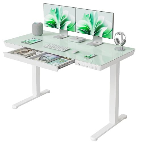 FEZIBO 48 × 24 Electric Standing Desk with Drawers, Whole-Piece Glass Adjustable Height Desk, One-Piece Quick Install Adjustable Sit Stand Desk, White | Amazon (US)