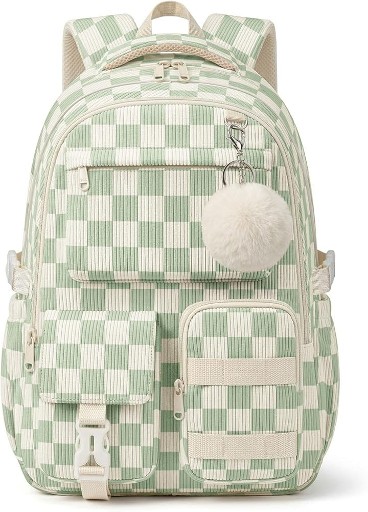 Corduroy Backpack for Teen Girls, Aesthetic Cute Green Gingham School Backpack with Multi-Pocket, Lightweight Bookbag Fits 15.6 Inch Laptop, Large Capacity Casual Daypack for School Travel | Amazon (US)