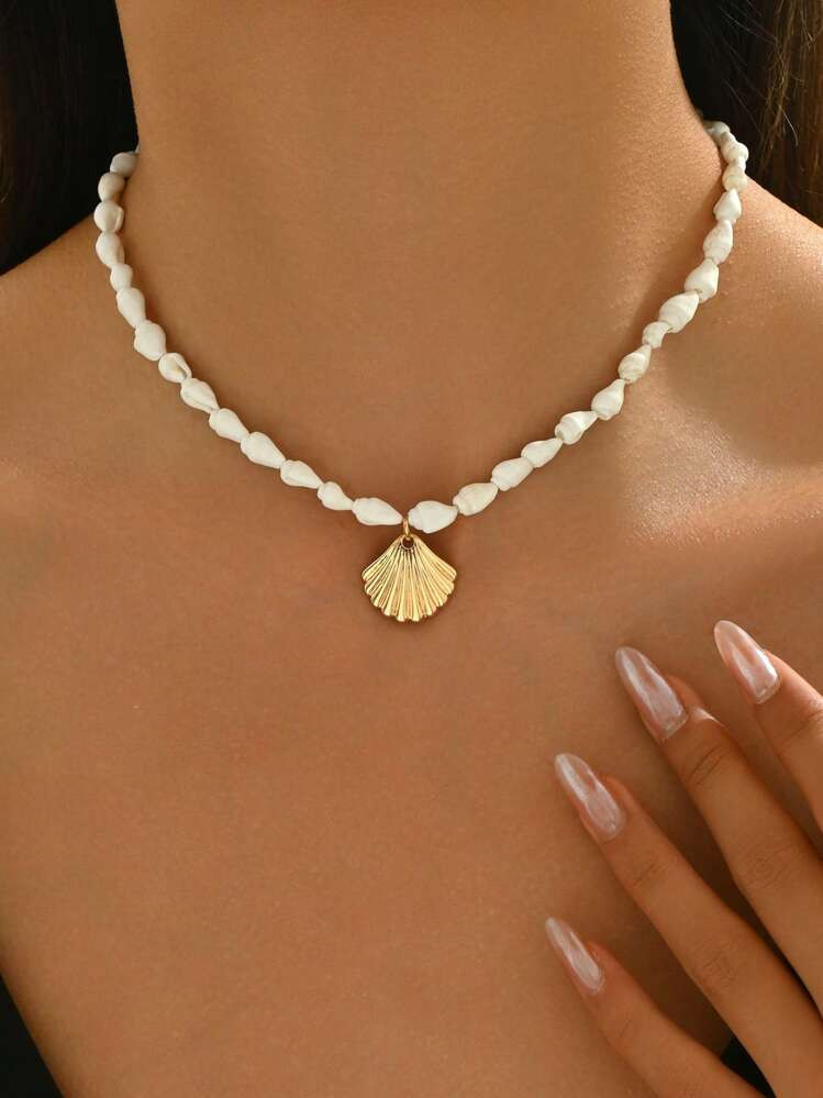 1pc Natural Seashell Handmade Beaded Necklace With Tropical Gold Shell Pendant, Fashionable Ocean... | SHEIN