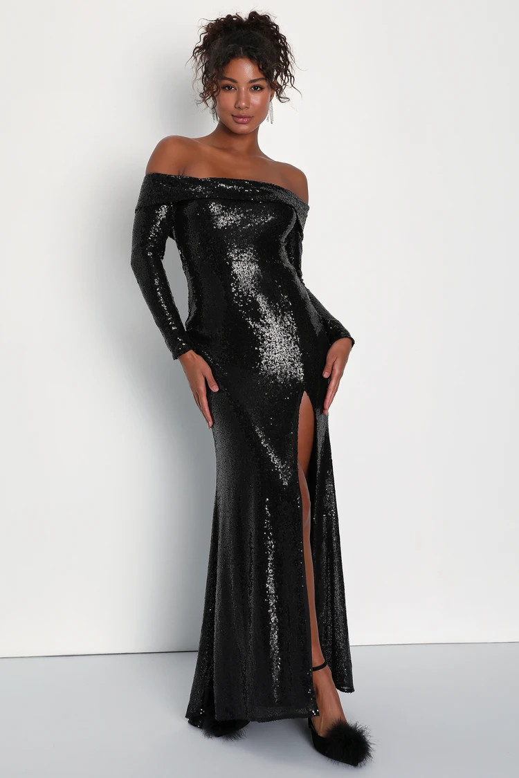 Party Icon Black Sequin Off-the-Shoulder Long Sleeve Maxi Dress | Lulus