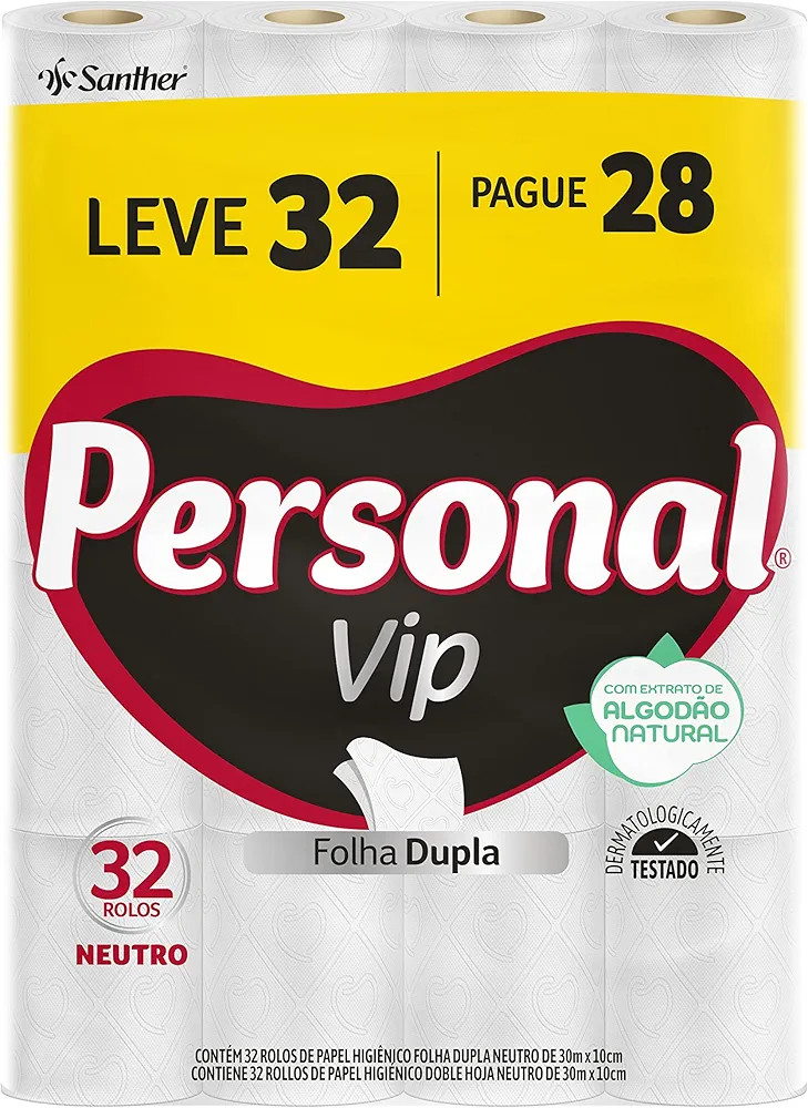 Personal Papel Higiênico VIP Folha Dupla Leve 32 Pague 28 rolos de 30M | Amazon (BR)