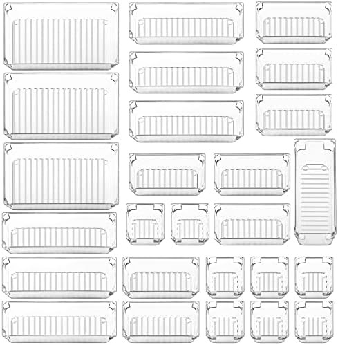 Fixwal 26pcs Clear Drawer Organizers Set 4 Size Plastic Bathroom Drawer Organizer Storage Bins Ve... | Amazon (US)