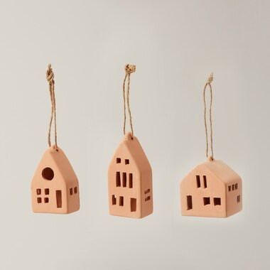 CERAMIC HOUSE ORNAMENTS, TERRACOTTA, SET OF 3 | Indigo (CA)