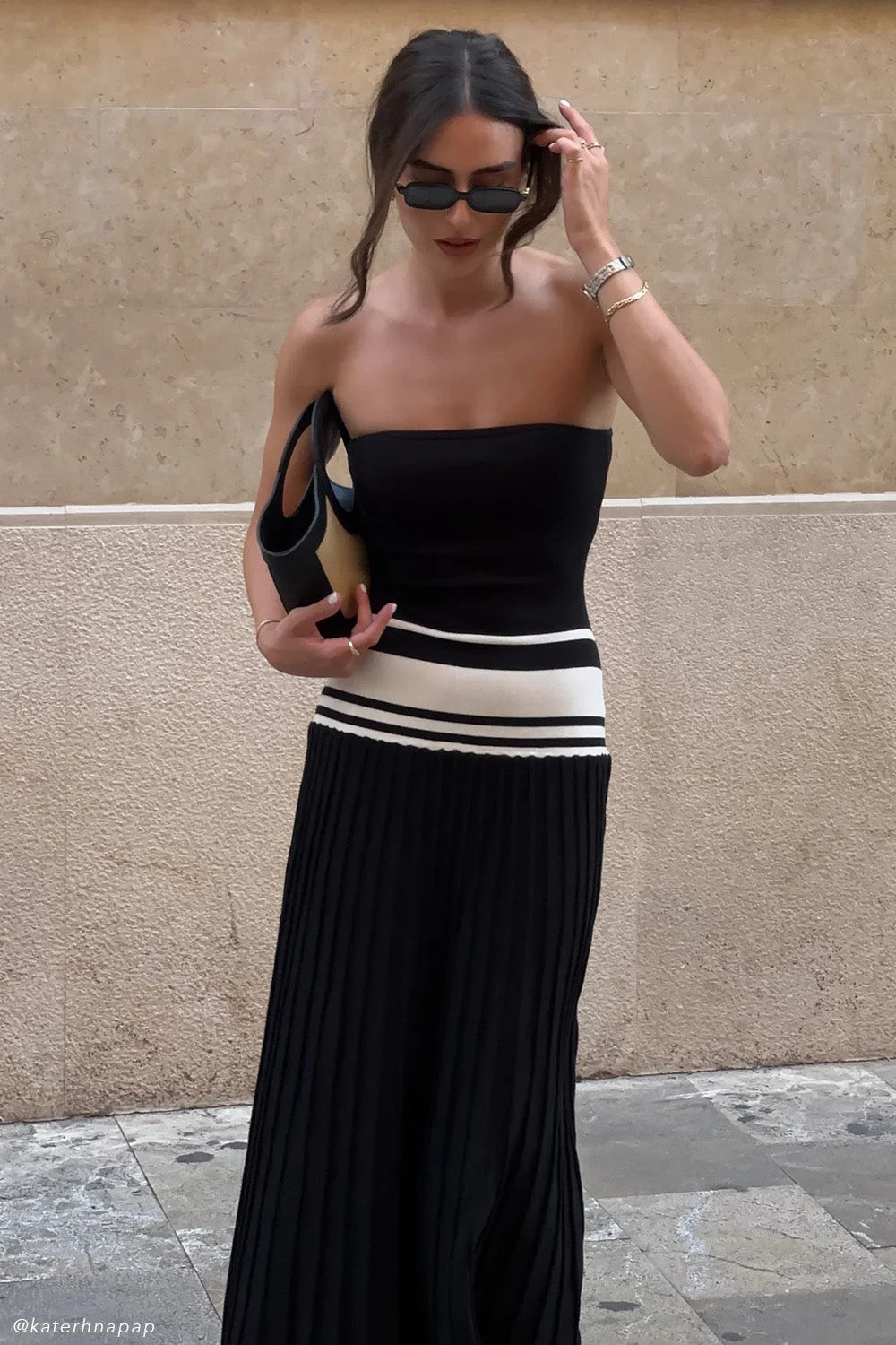 Strapless Contrast Knit Maxi Dress - Black/White | MESHKI US