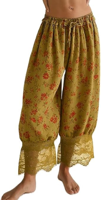 Women Y2K Bloomer Pants Lace Trim Loose Fit Ruffle Bloomers Elastic Waist Cropped Pumpkin Pettipants Pajama Bottom | Amazon (US)