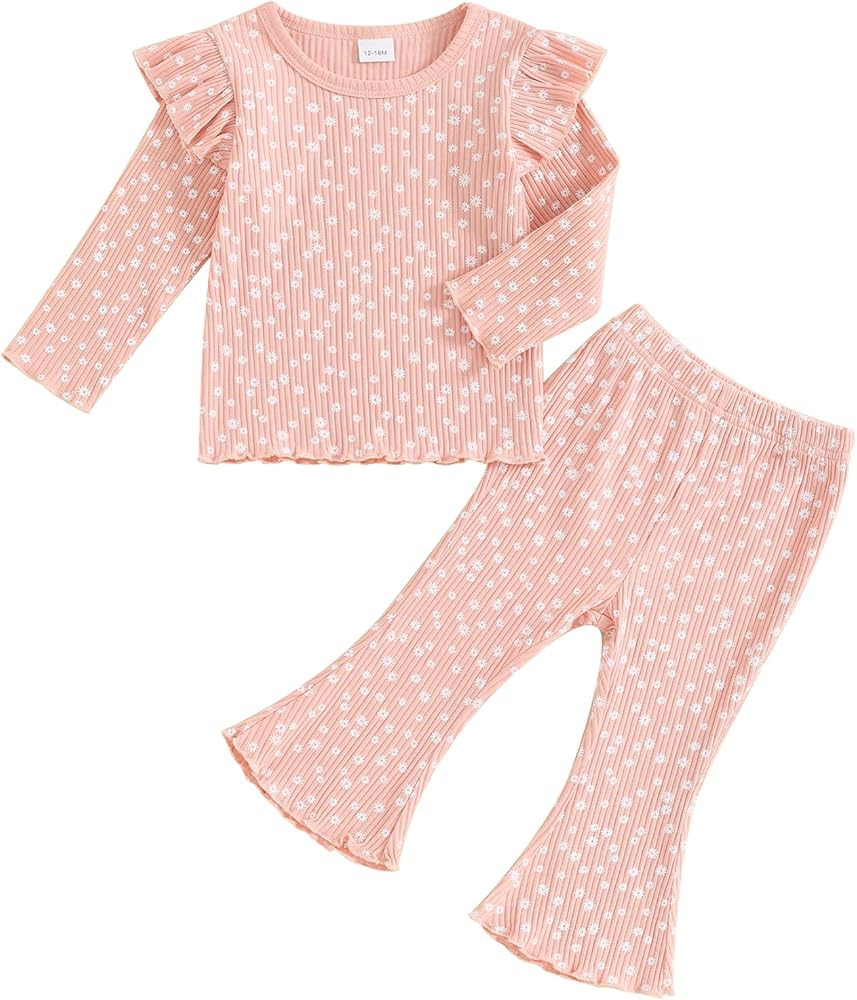 FOCUSNORM Toddler Baby Girl Outfits Ruffle Long Sleeve Striped Trim Tops + Flare Pants Set Toddle... | Amazon (US)