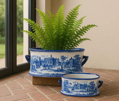 Set of 2 Blue and White Vintage Ceramic Planters Foot Bath Indoor Outdoor Decor | eBay | eBay US