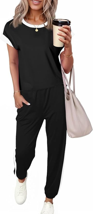Dokotoo Women's 2 Piece Outfits Sweatsuit Colorblock Comfy Lounge Sets Knit Short Sleeve Jogger S... | Amazon (US)