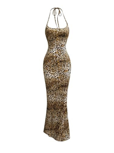 Floerns Women's Leopard Print Sleeveless Halter Dress Club Bodycon Maxi Dresses Brown Medium | Amazon (US)