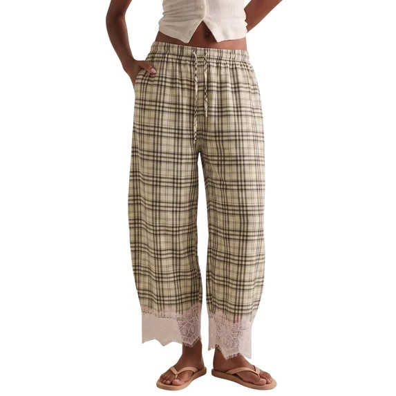 Womens Lace Trim Gingham Wide Leg Pants Elastic Drawstring Waist Lounge Barrel Pants with Pockets | Walmart (US)