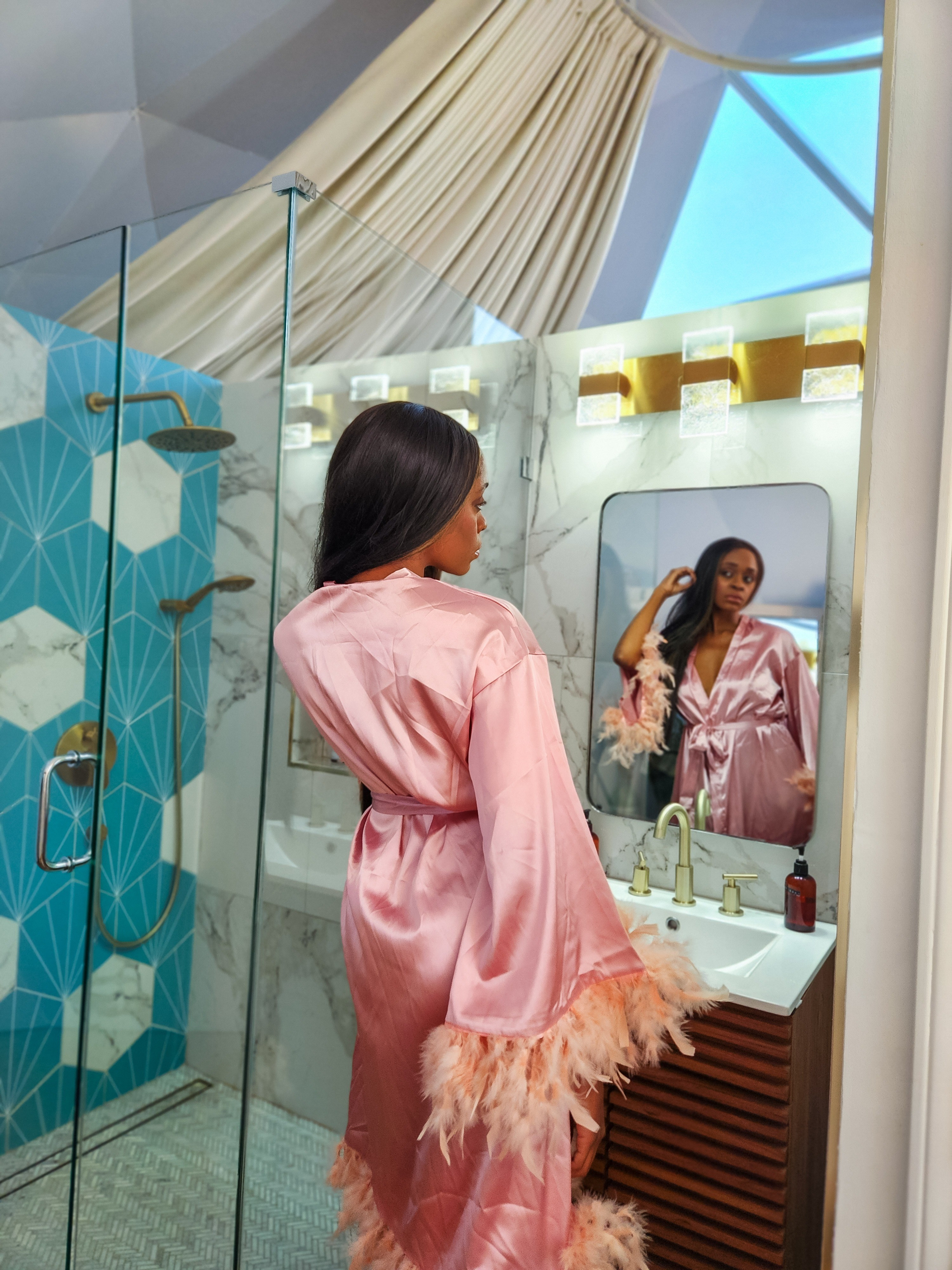 Satin feather robe, pink robe

#LTKFindsUnder50 #LTKBeauty #LTKHome
