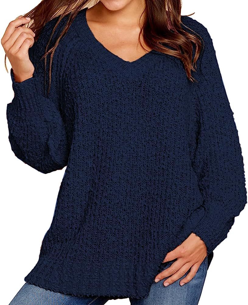 KIRUNDO Women’s Winter Fuzzy Popcorn Sweater V Neck Long Sleeves Loose Fit Sweatshirt Solid Tops Pul | Amazon (US)