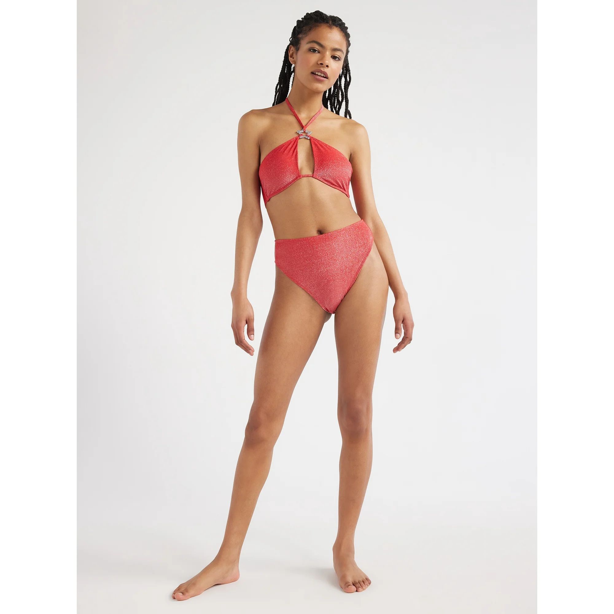 No Boundaries Juniors’ Lurex High Waisted Bikini Swim Bottoms, Red, Sizes S-XL | Walmart (US)