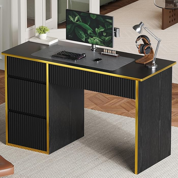 Computer Desk with Drawers, 47'' Fluted Small Desk for Bedroom, Wood Office Desk with File Drawer... | Amazon (US)