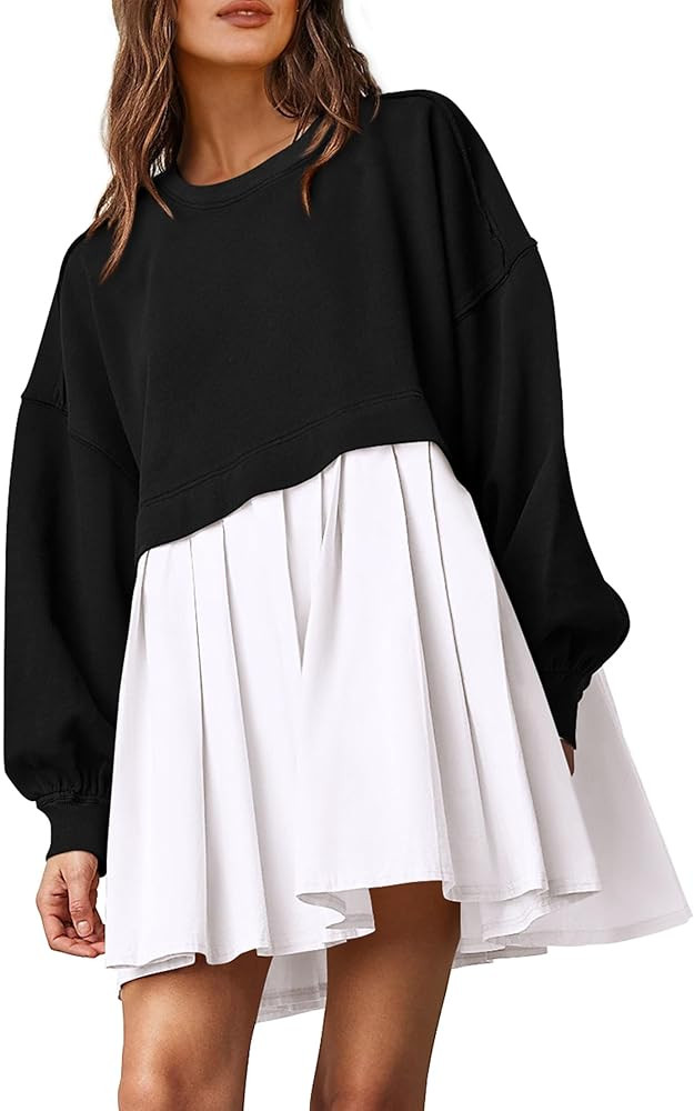 PRETTYGARDEN Women's Casual Sweatshirt Dress Long Sleeve Patchwork Pullover Tops Pleated Mini Dre... | Amazon (US)