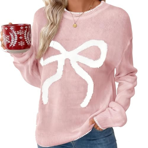 Christmas Sweaters for Women Long Sleeve Crew Neck Knit Sweater Cute Bow Pullover Tops Fall Winter Holiday Outfit Pink Christmas Outfits for Women 2X | Amazon (US)