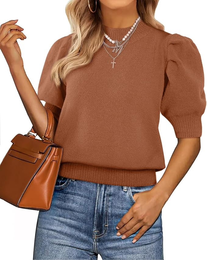 ATHMILE Short Sleeve Sweater for Women 2026 Spring Summer Blouses Crewneck Knit Puff Sleeve Dress... | Amazon (US)