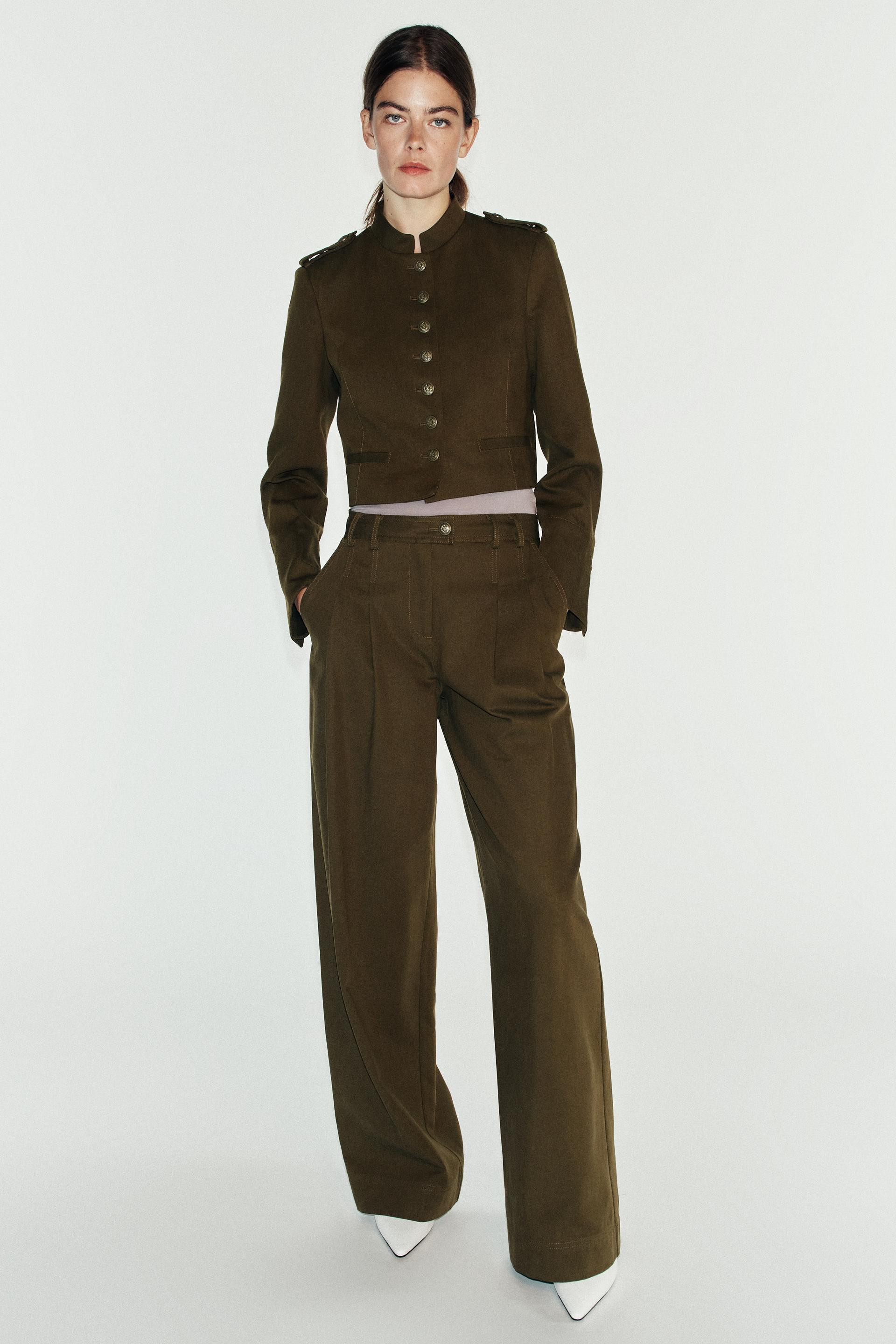 Zara - Cropped Padded-Shoulder Blazer - Khaki - L - Woman | Zara US