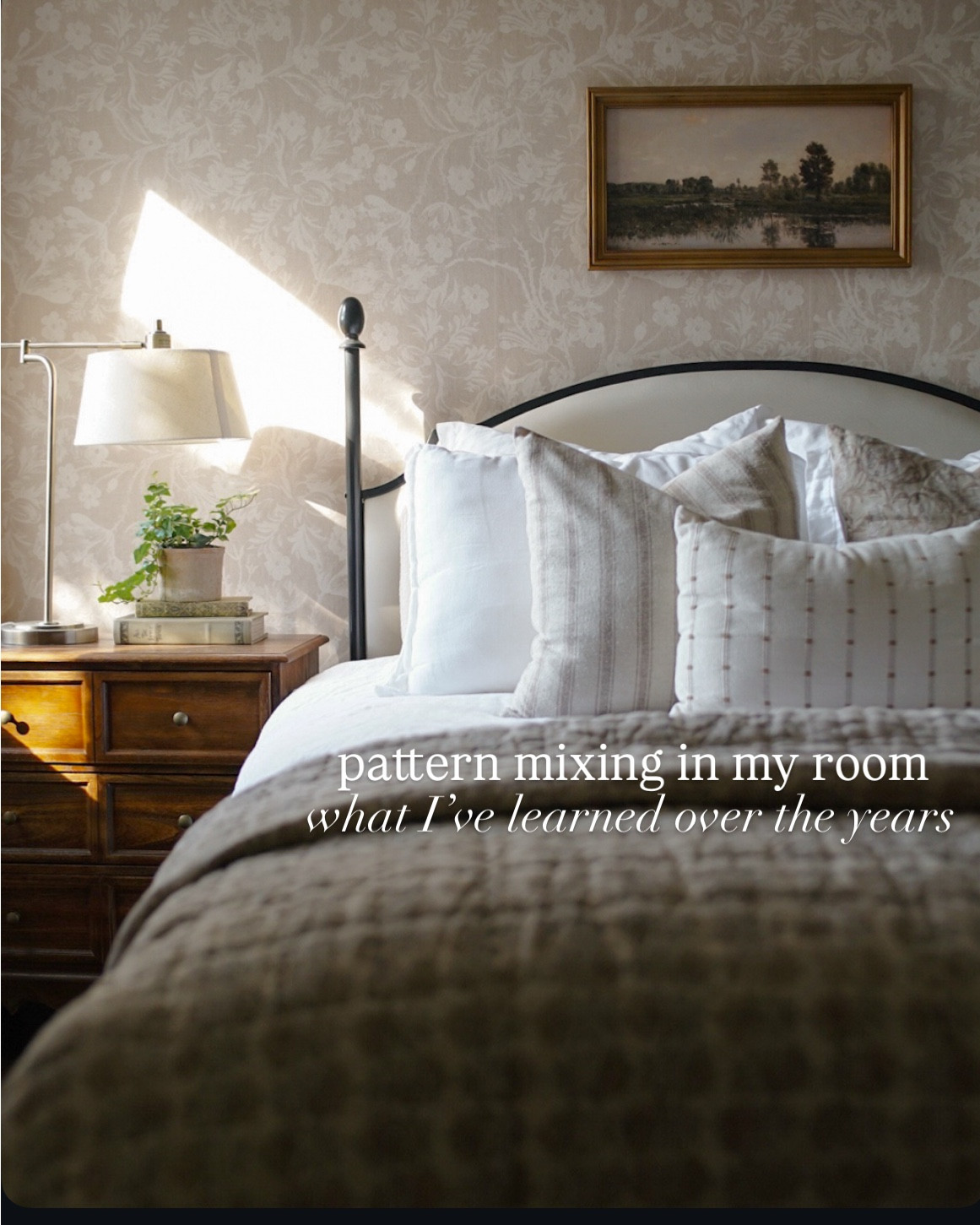 Bedroom pattern mixing tips; cottage core bedding, budget home decor, pattern drenching tips, mixing and matching patterns, bedroom inspo, 