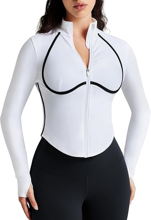 Women Workout Jacket Cropped Contrast Seam Zip Up Athletic Jacket Yoga Sportswear with Thumb Hole... | Amazon (US)