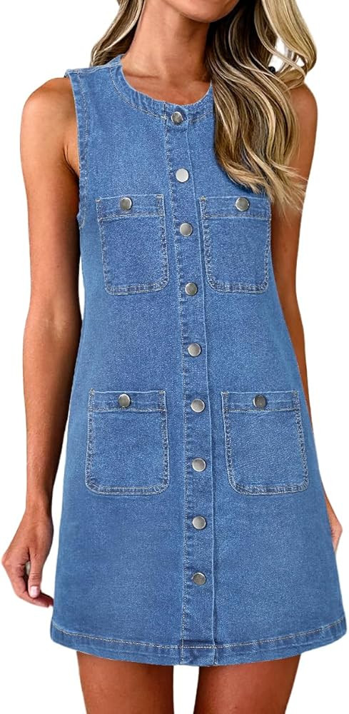 Denim Dress for Women, Sleeveless Jean Dress Button Down Dresses Casual Summer Denim Mini Dresses... | Amazon (US)